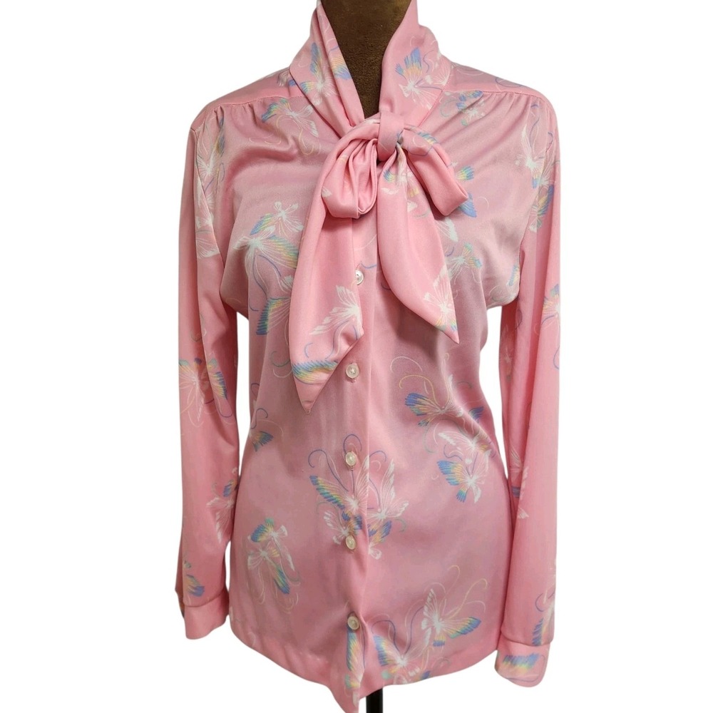 Vintage Butterfly Blouse Secretary Pink 70s 80s Long Sleeve Tie Neck Button Up